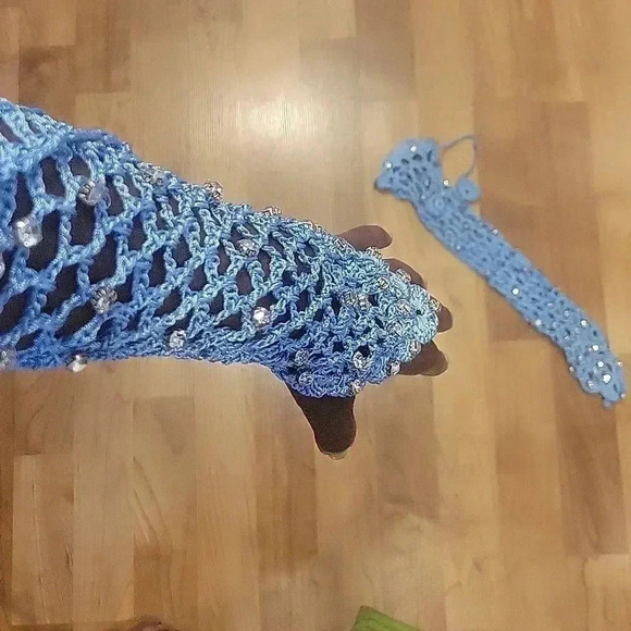 Monica Hansen x Revolve Swimwear Beach Gloves Crochet Mesh Rhinestone Baby Blue - Picture 4 of 12